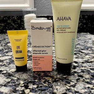 Maapilim eye cream. Ahava active moisturizer. The crime shop glow serum.